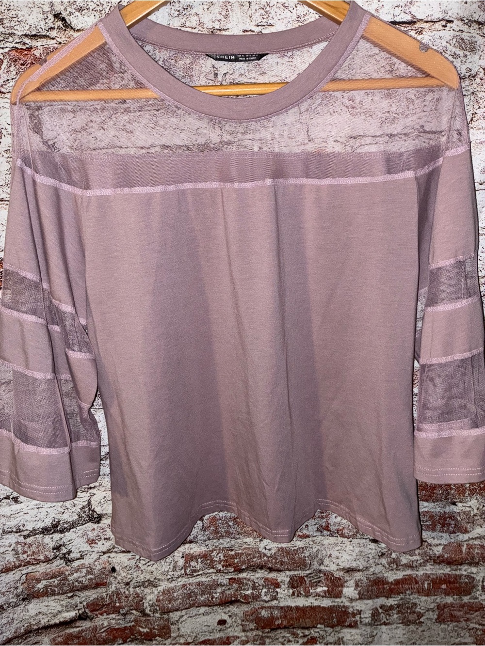 SHEIN Dusty Mauve Sheer-Panel Long Sleeve Top